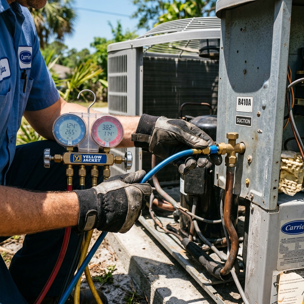 HVAC technician testing air conditioner pressure with digital manifold gauges in Naples, FL.