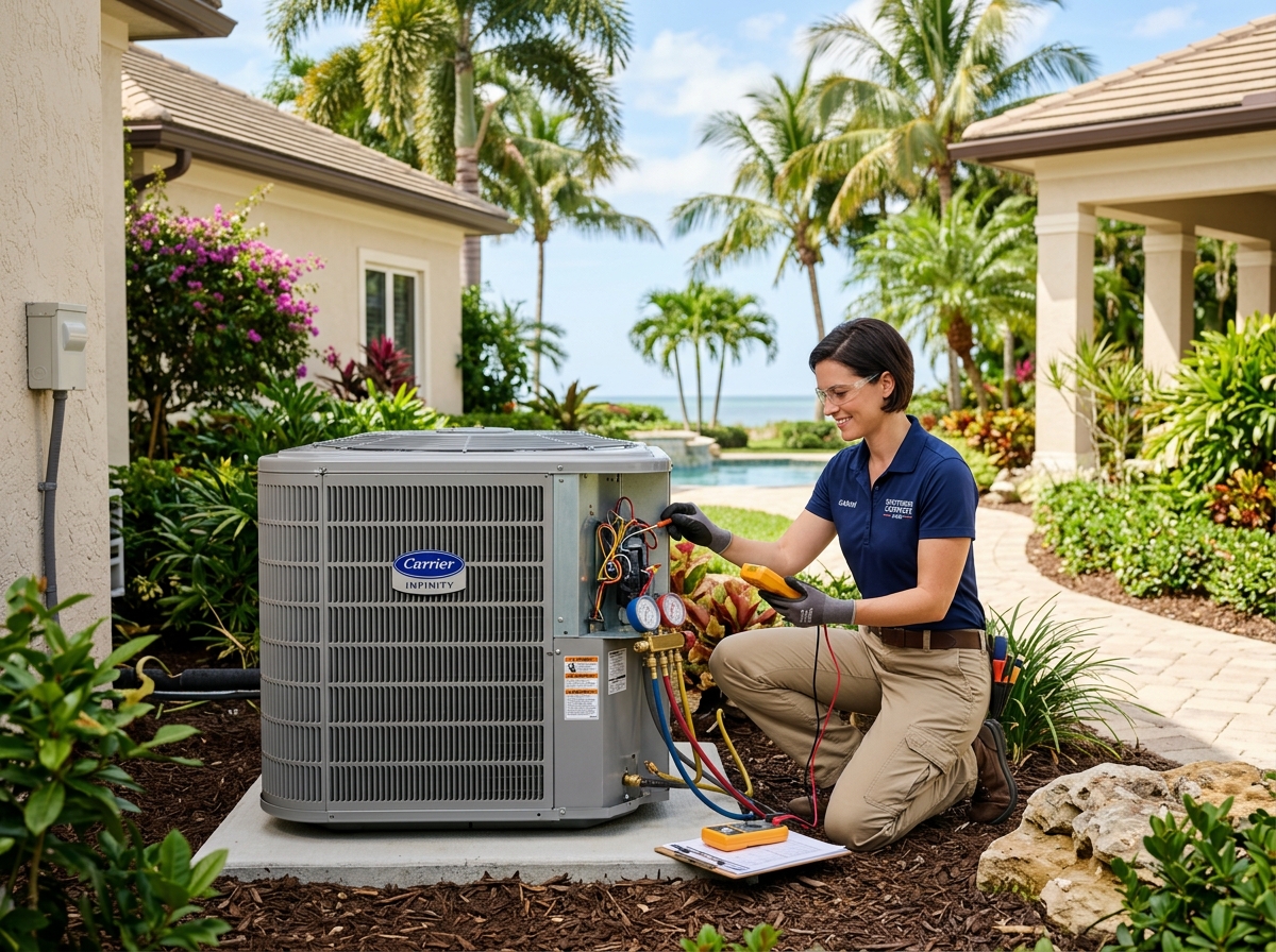 Certified HVAC technician servicing a residential central air conditioner outside an upscale Naples, FL home.