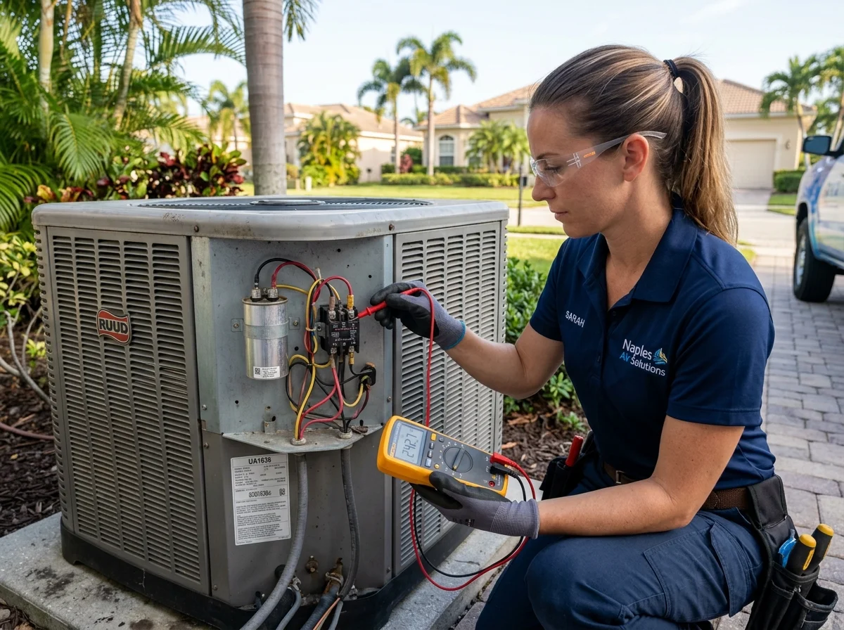 HVAC technician performing comprehensive 24-point seasonal AC tune-up in Naples, FL.