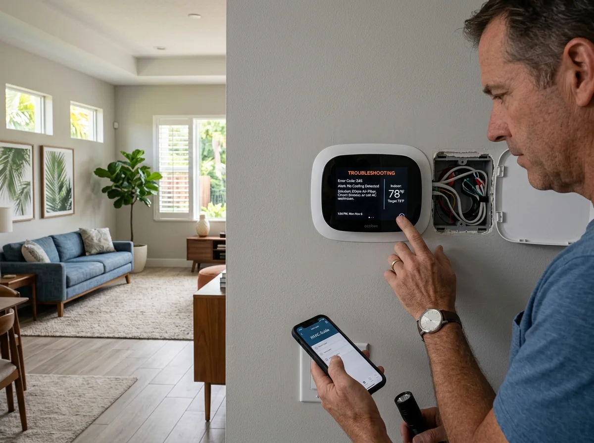 HVAC technician inspecting an air conditioning unit blowing warm air in Naples, FL.