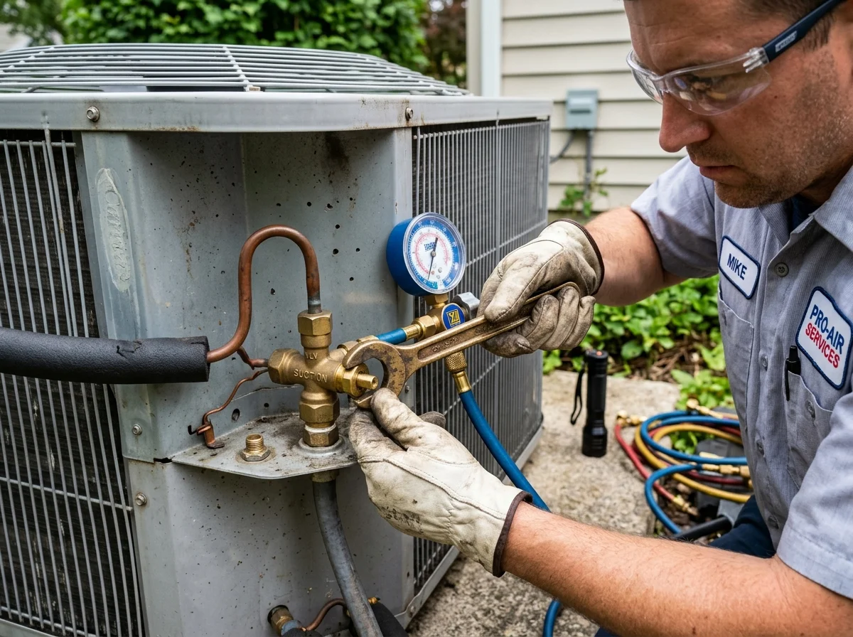 HVAC technician diagnosing noisy air conditioning compressor and outdoor unit in Naples, FL.