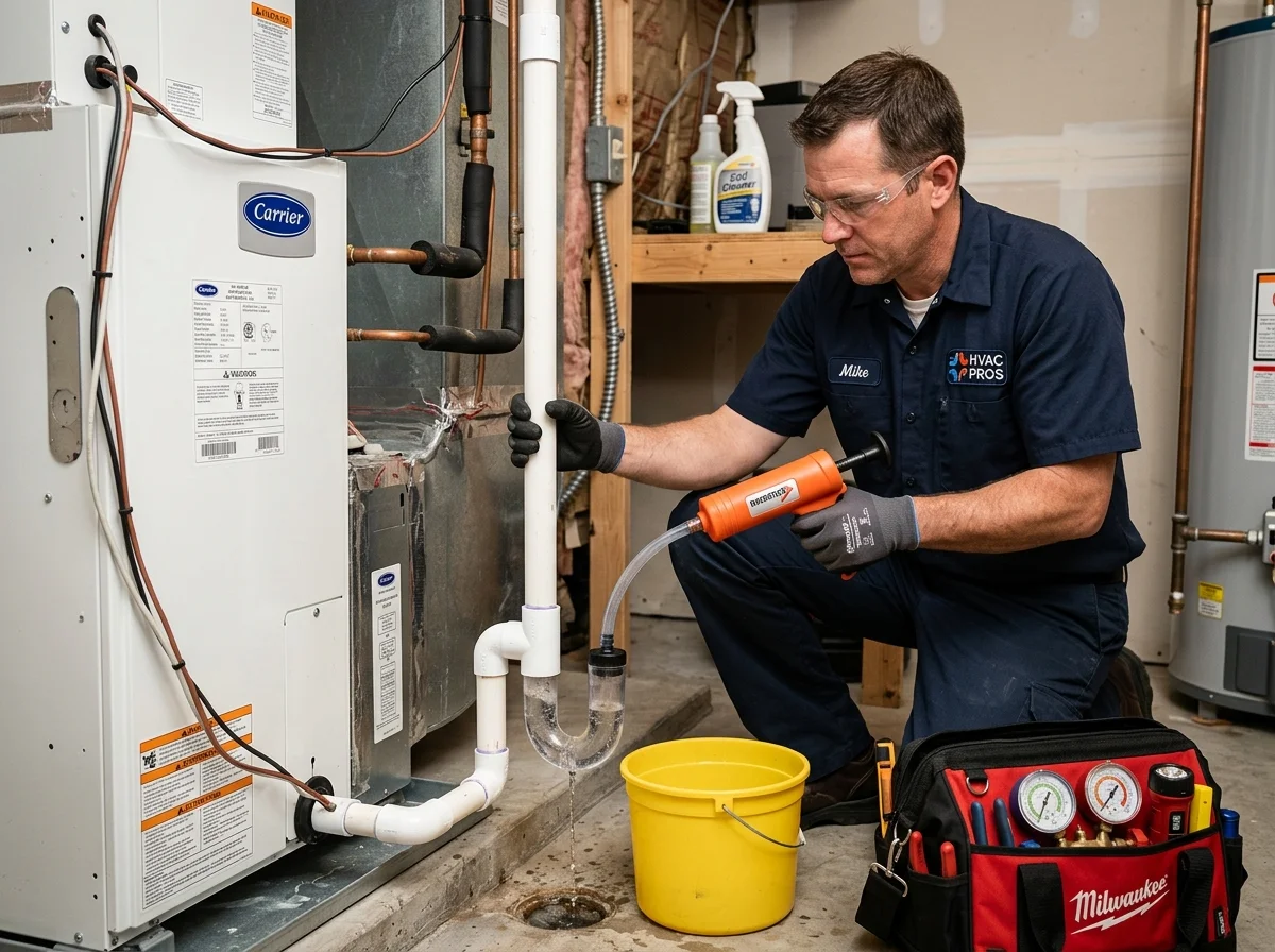 Water pooling around an indoor air conditioning air handler unit.