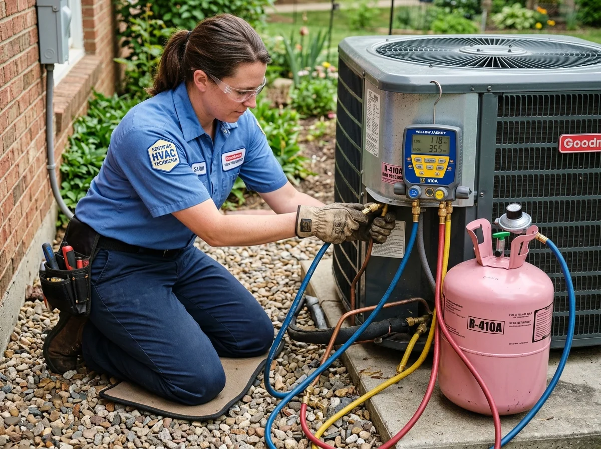 EPA-certified technician performing electronic refrigerant leak detection on AC lines in Naples, FL.